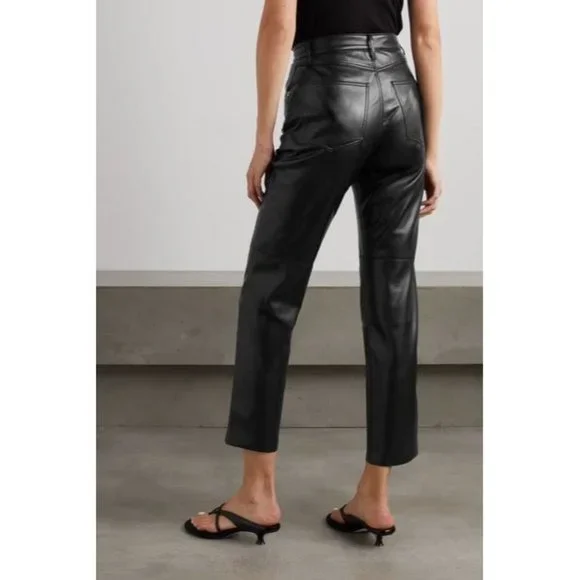 Nanushka Vinni Vegan Faux Leather Crop Straight Leg Trouser Pants - Picture 2 of 8